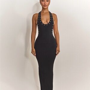 Black Halter Maxi Dress with Grommet Trim